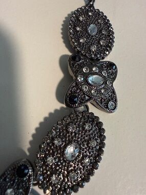 Gunmetal Crystal Floral Statement Costume Necklace - Women Jewelry